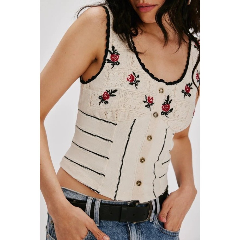 Free‎ People Rose Embroidered Corset Knit Top Ivory Combo OB2097326 Large NEW - Picture 4 of 5